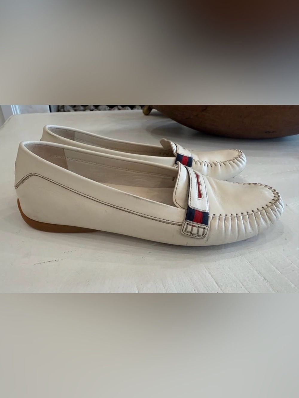 Gucci White Leather Penny Loafers with Red & Navy Classic Web- Woman’s - Picture 5 of 8